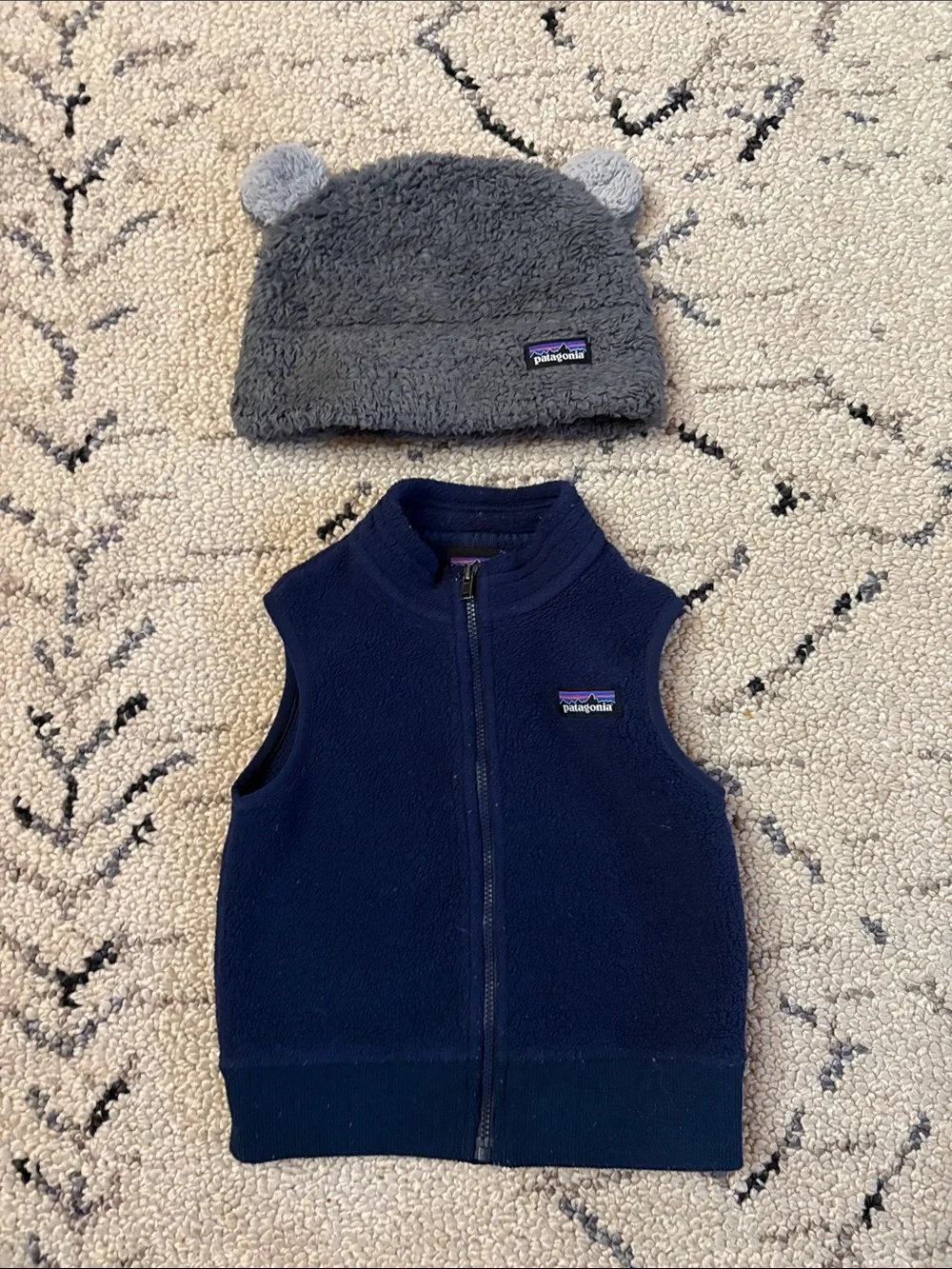 Patagonia Kids Navy Fleece Vest with Gray Bear-Ear Beanie